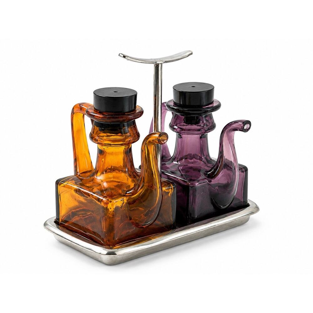 Vintage Bloomfield Spain Amber Amethyst Glass Oil Vinegar Cruet Set w/ Tray MCM